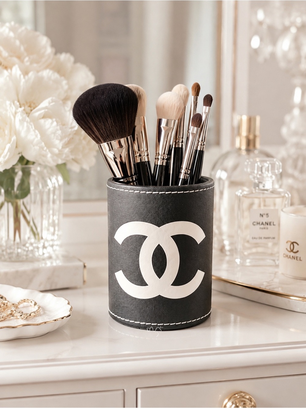 CHANEL Black and White Logo Brush Holder
